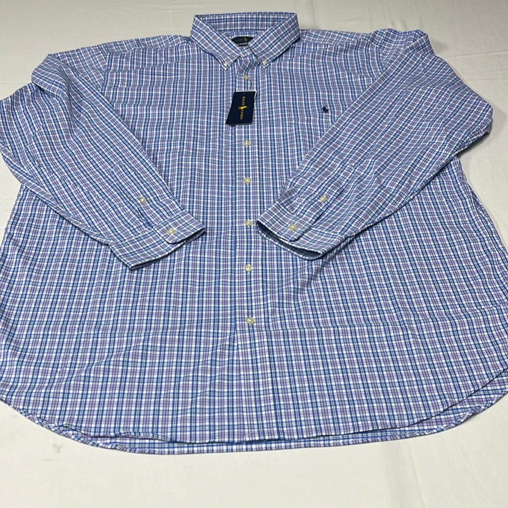 Polo Ralph Lauren button down shirt, purple,blue, 91% nylon 9% elastane.